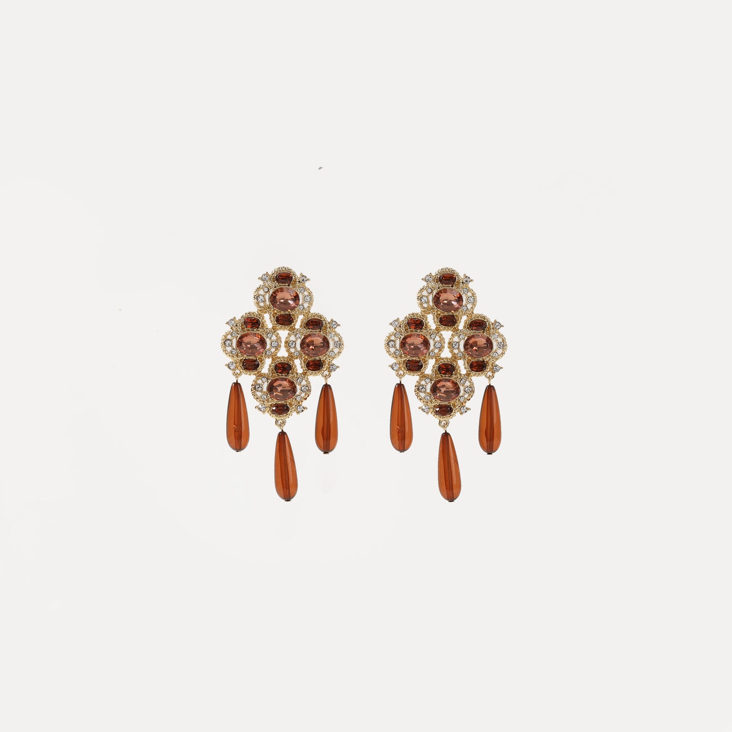 Gold ornate crystal and topaz teardrop chandelier earring