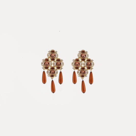 Gold ornate crystal and topaz teardrop chandelier earring