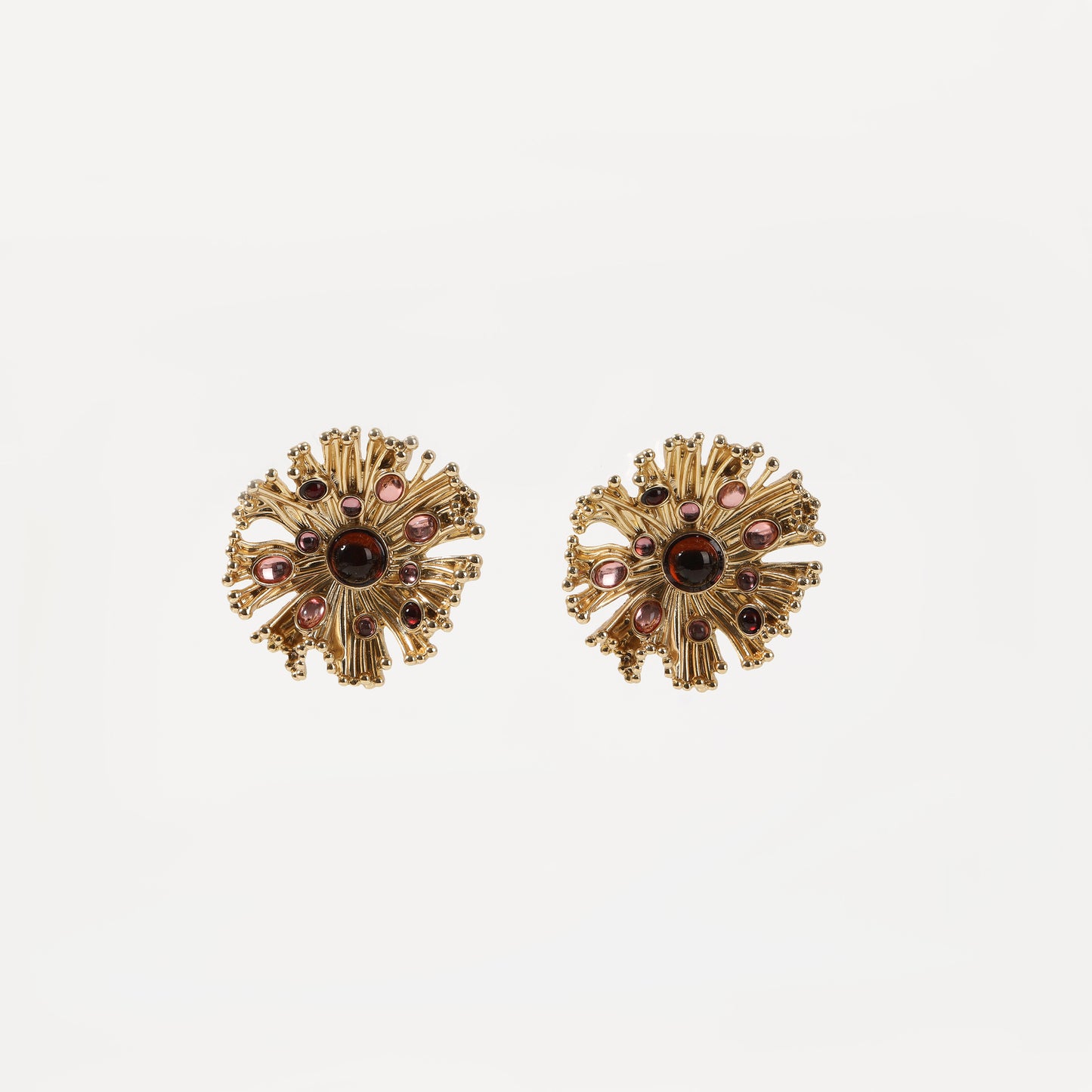 Gold sunburst earring with multi-tone pink and red crystals