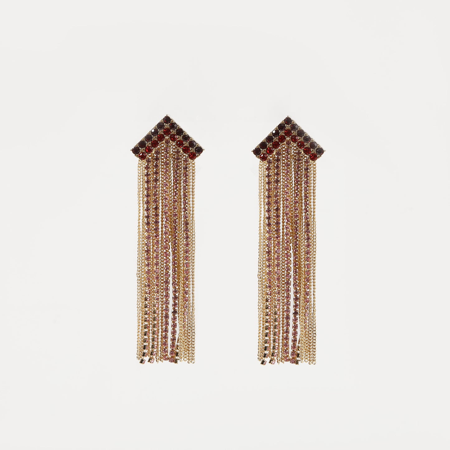 Gold triangle-top red-pink crystal tassel drop earring