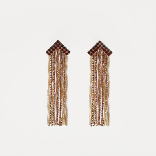 Gold triangle-top red-pink crystal tassel drop earring