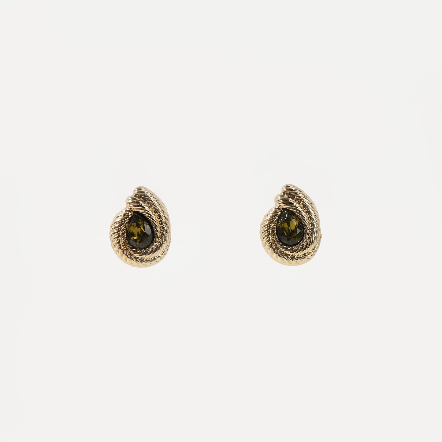 Gold twisted frame earring with olive green crystal