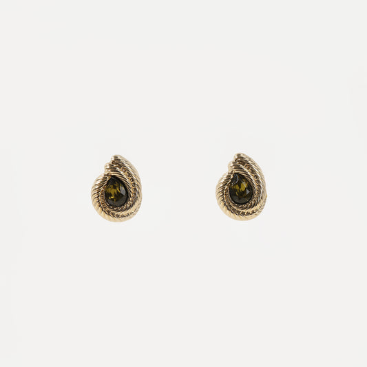 Gold twisted frame earring with olive green crystal