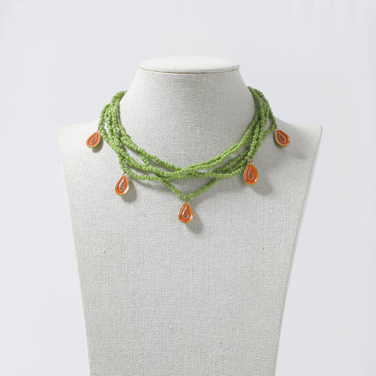 Green Beaded Multi-Layer Necklace with Orange Enamel Papaya Charms