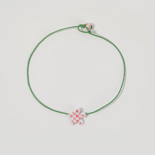 Green Cord Pink-and-White Checkered Ceramic Flower Necklace