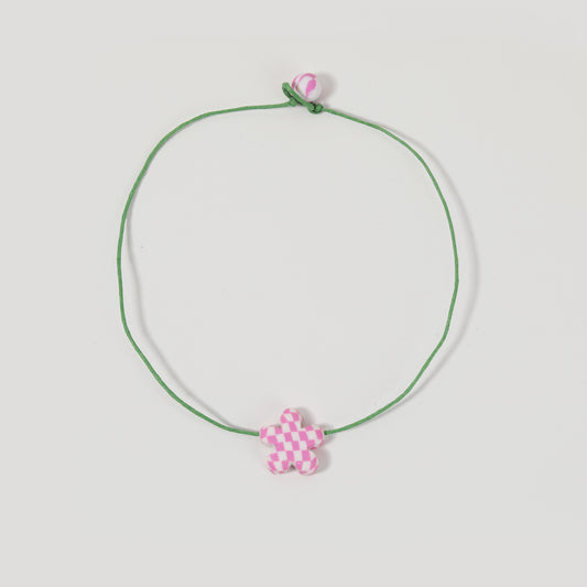 Green Cord Pink-checkered Polymer Clay Flower Necklace