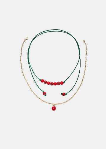 Green Cord & Gold Chain Layered Pomegranate & Cherry Pendant Necklace Set