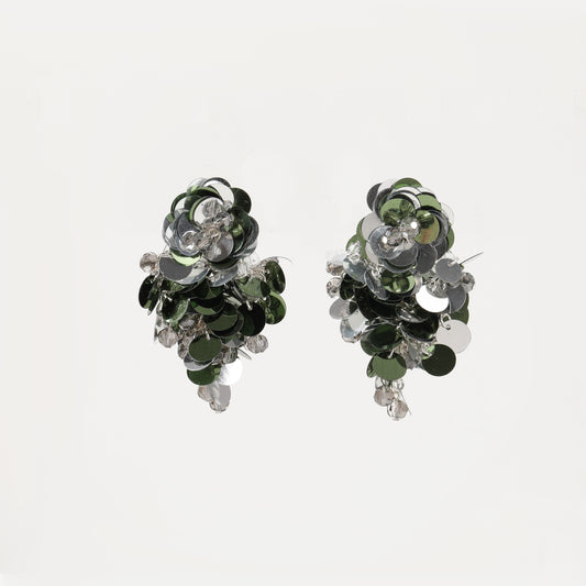 Green and silver sequin cluster drop earring