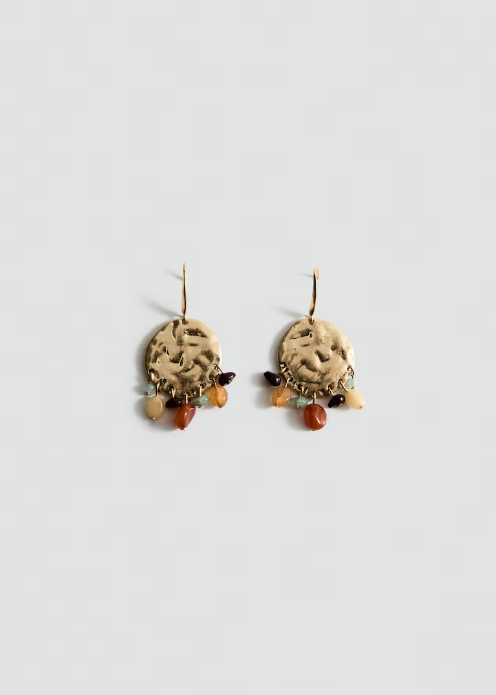Hammered Gold Disc Multi Natural Bead Tassel Drop Earrings
