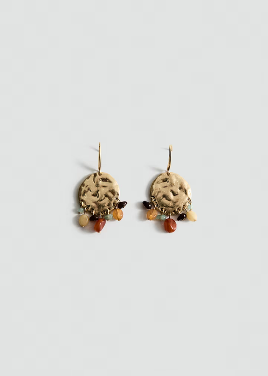 Hammered Gold Disc Multi Natural Bead Tassel Drop Earrings