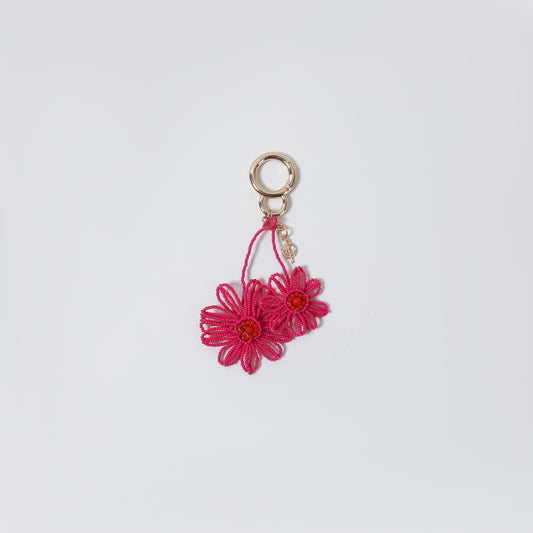 Hot Pink Beaded Double Flower Keychain