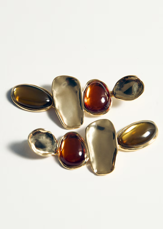 Irregular Pebble Amber Inlaid Gold Drop Earrings