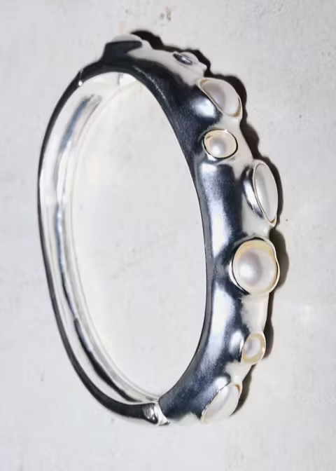 Irregular Raised Inset Pearl Silver Cuff Bangle Bracelet