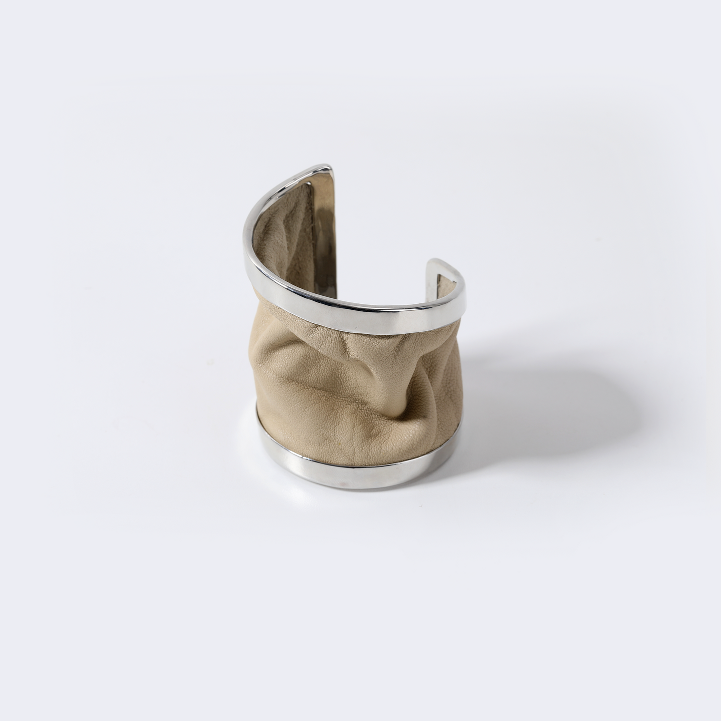 Light Beige Leather & Silver Metal Wide Cuff