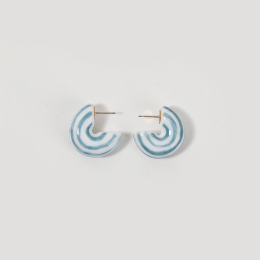 Light Blue-and-White Striped Ceramic C-shaped Stud Earrings