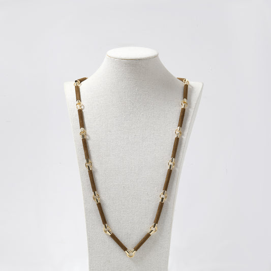 Light Brown Cord & Gold Metal Linked Long Necklace