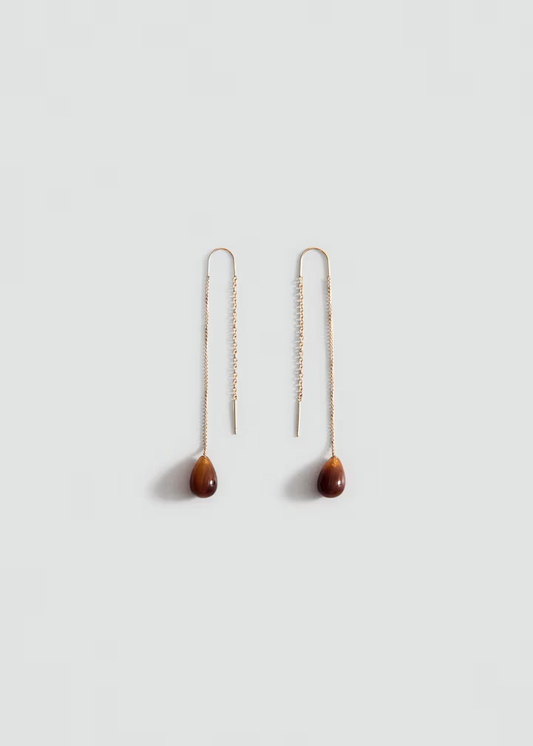 Long Threader Chain Teardrop Brown Stone Drop Earrings