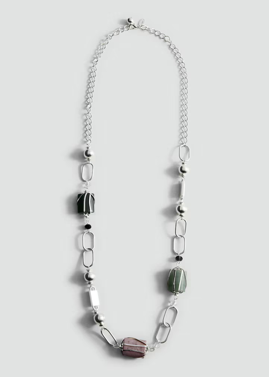 Mixed Link Silver Chain Wire Wrapped Multi-Stone Necklace