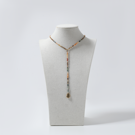 Multi-Color Bead & Gold Teardrop Pendant Lariat Necklace