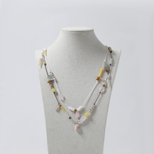 Multi-Color Beaded Layered Necklace on White & Brown Cord
