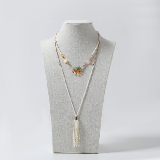 Multi-Color Beaded & White Tassel Layered Necklace