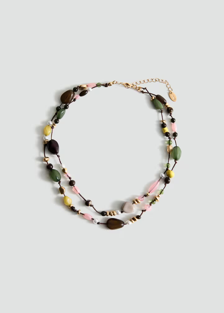 Multi-Color Mixed Natural Stone Double Layer Cord Choker Necklace