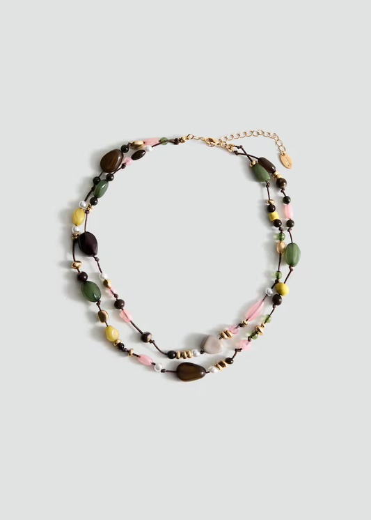 Multi-Color Mixed Natural Stone Double Layer Cord Choker Necklace