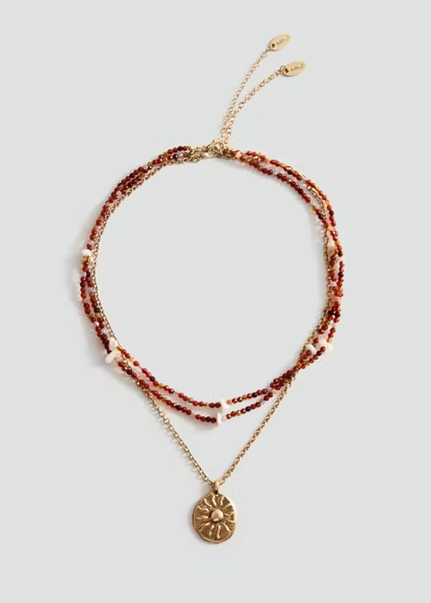Multi-Layer Beaded Sun Coin Pendant Choker Necklace