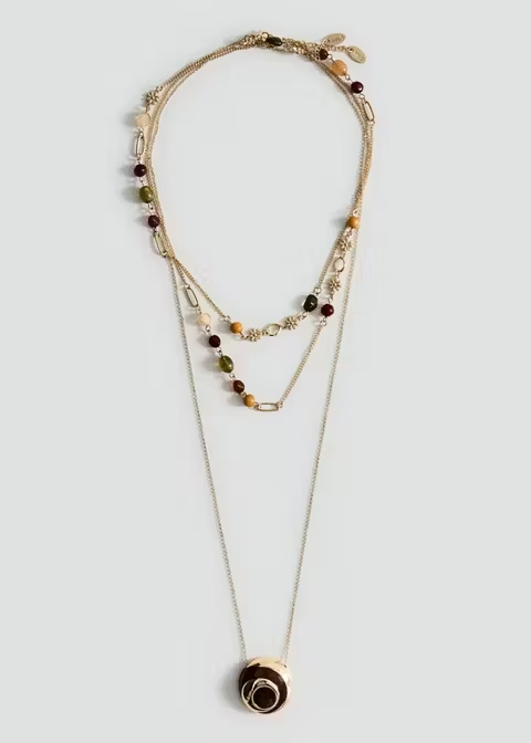 Multi-Layer Mixed Natural Bead & Swirl Pendant Gold Necklace