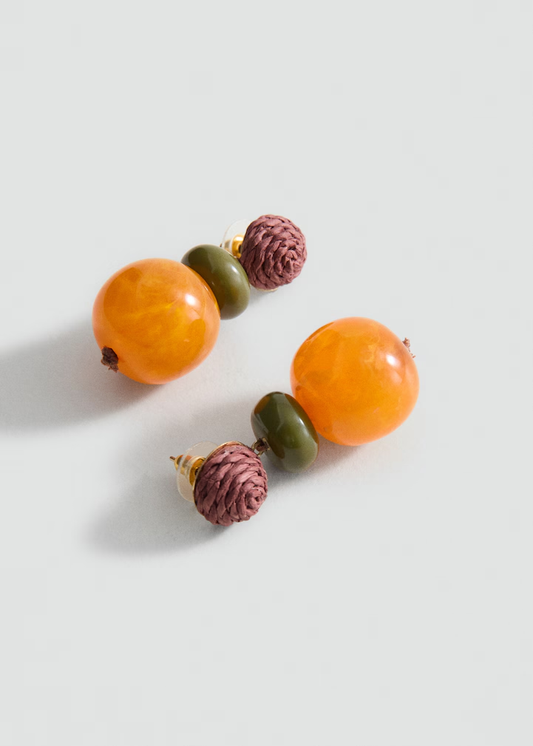 Multi-Layer Orange Resin Raffia Wrapped Bead Drop Earrings