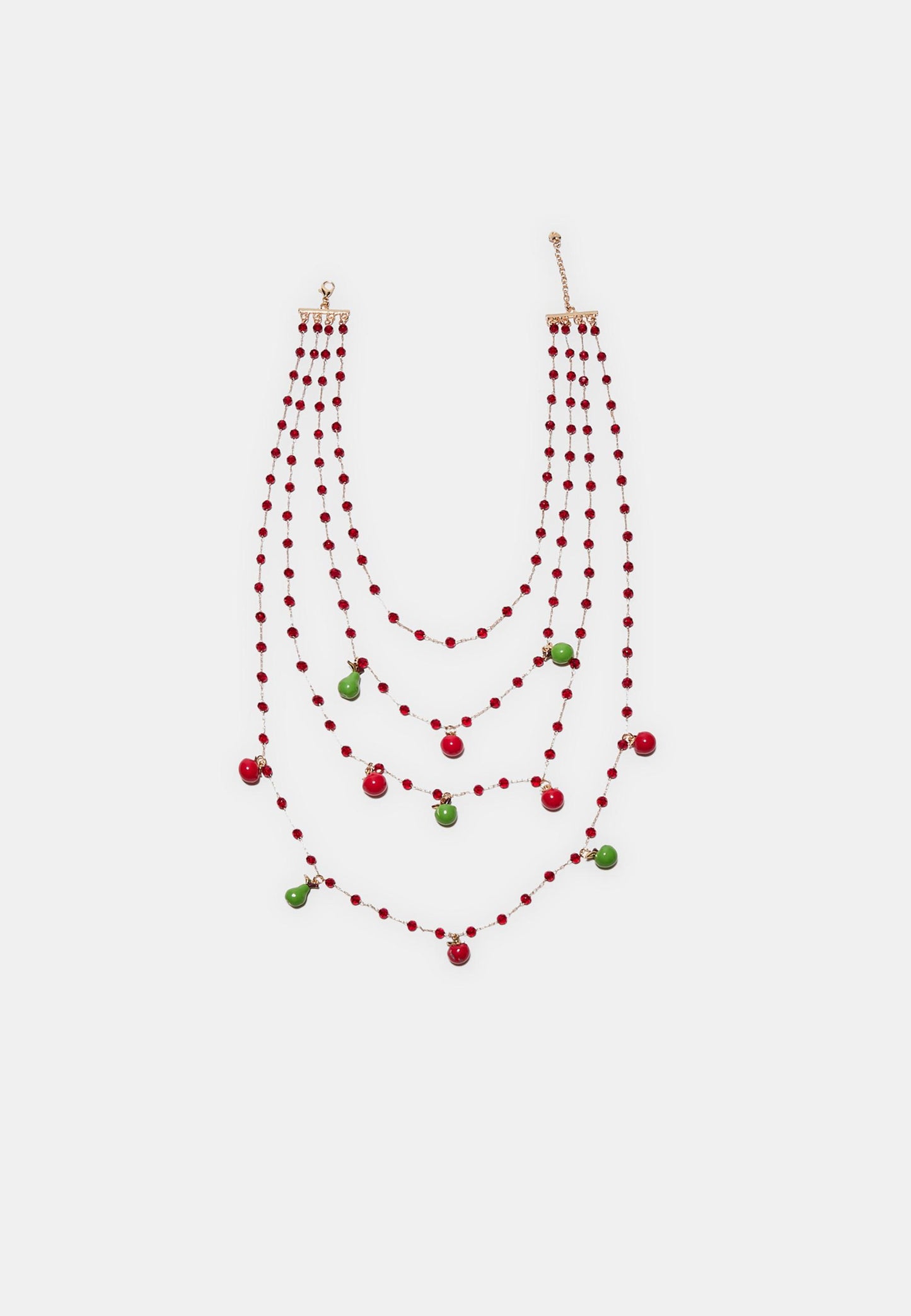 Multi-Layer Red Bead & Green Fruit Charm Statement Necklace