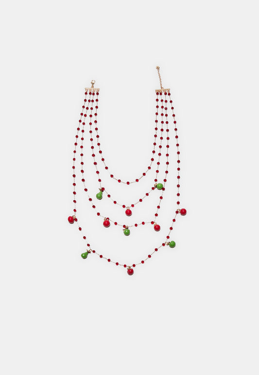 Multi-Layer Red Bead & Green Fruit Charm Statement Necklace