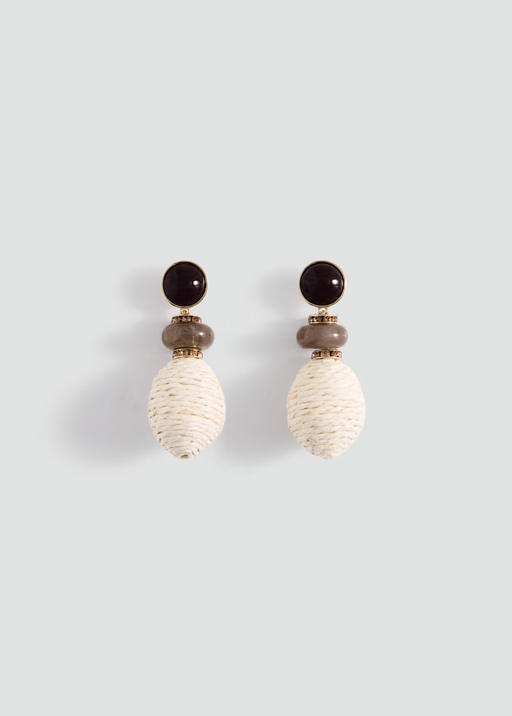 Natural Stone & Woven Straw Teardrop Drop Earrings