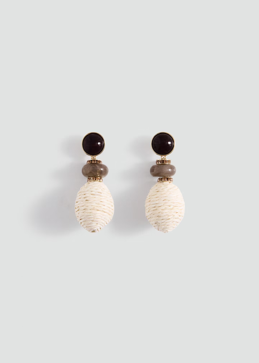 Natural Stone & Woven Straw Teardrop Drop Earrings