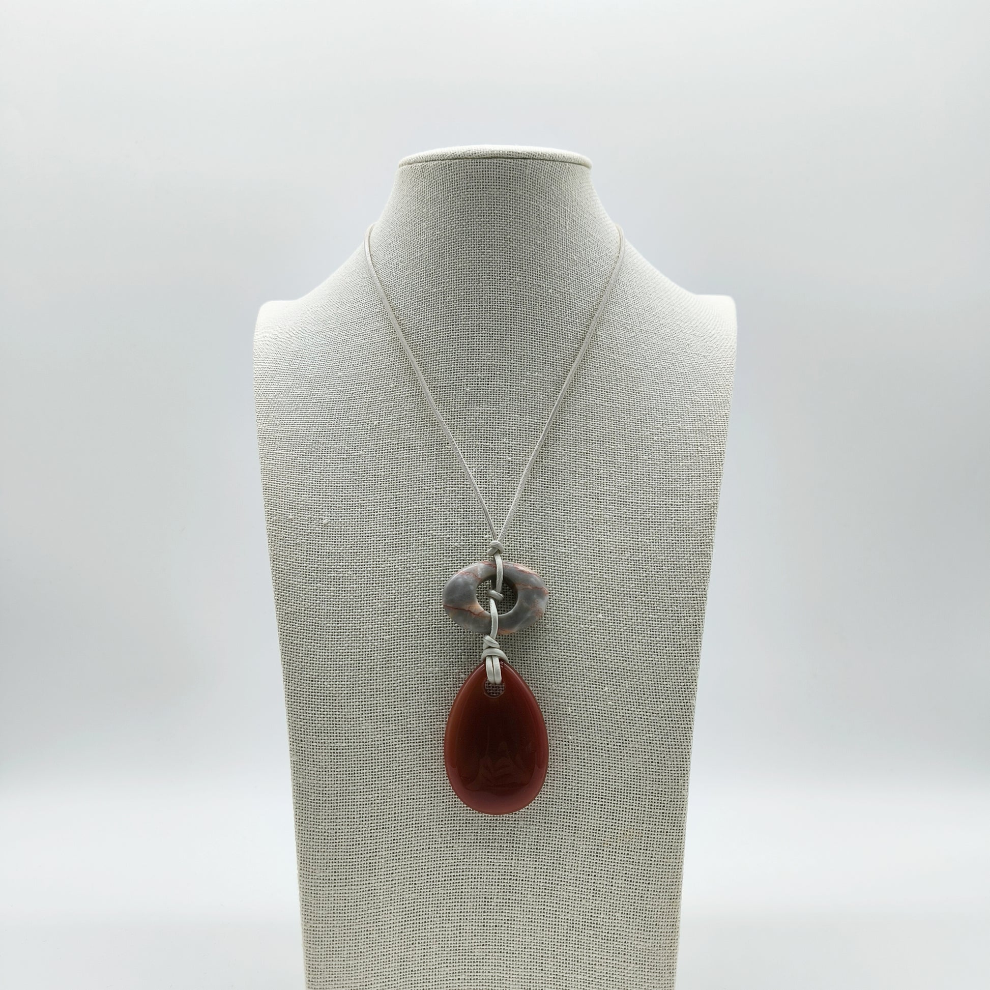 Handcrafted Stone Necklace – Agate Drop & Oval Gem with Leather Cord