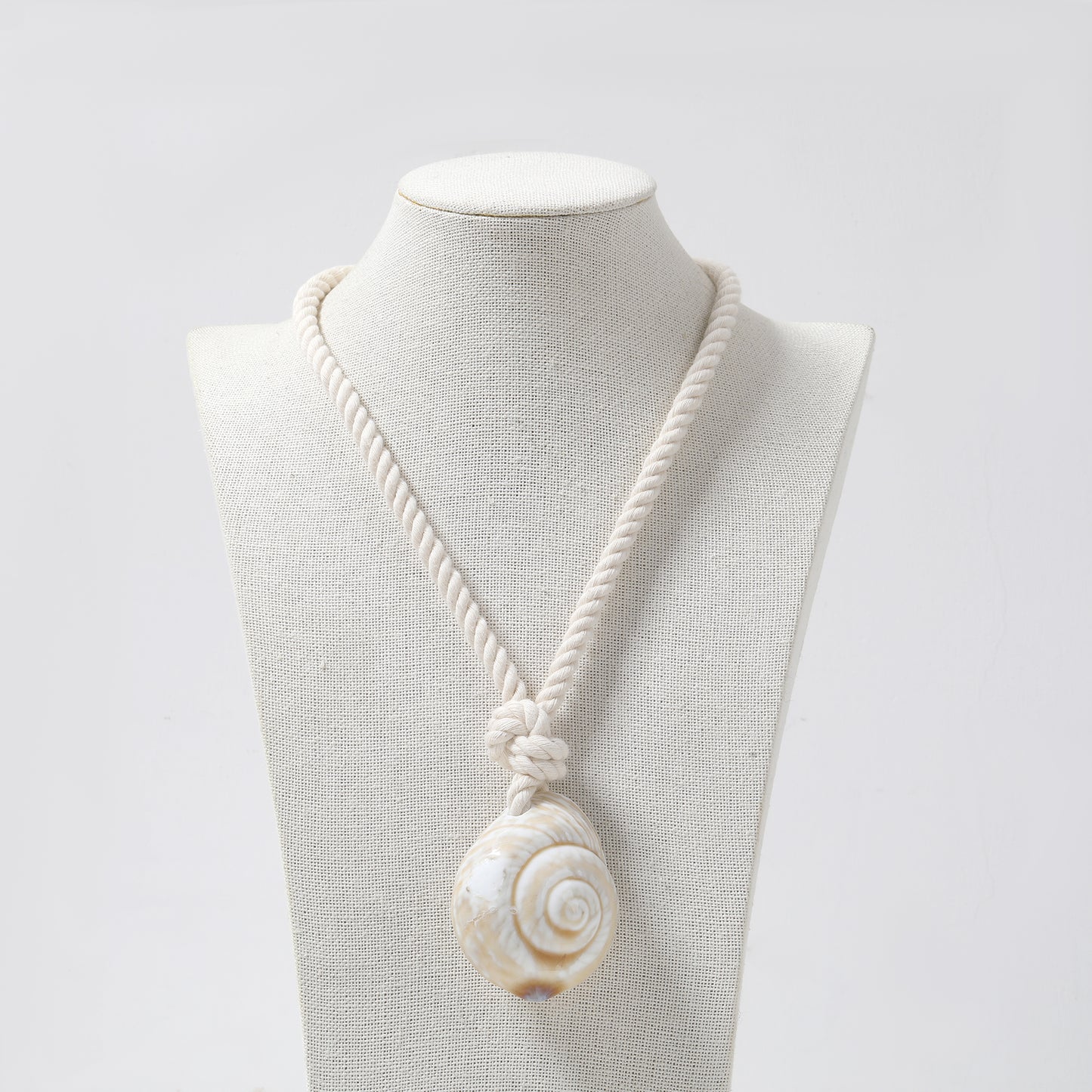 Off-White Braided Cord & Spiral Shell Pendant Long Necklace