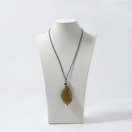 Olive Green Teardrop Pendant with Black Cord Necklace