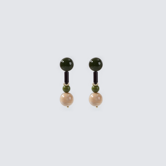 Olive Green & Beige Marbled Bead Drop Earrings