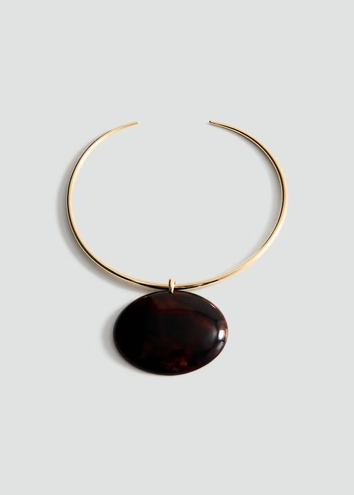 Open Cuff Gold Choker with Tortoise Oval Pendant
