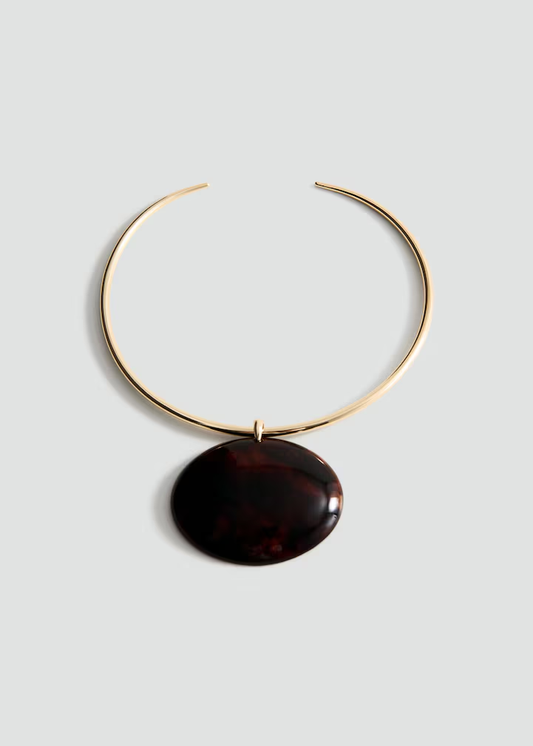 Open Cuff Gold Choker with Tortoise Oval Pendant