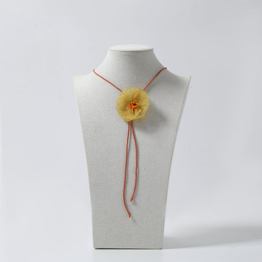 Orange Cord with Yellow Tulle Flower Lariat Necklace