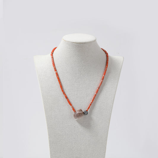 Orange Shell Beaded & Spiral Shell Pendant Necklace