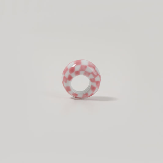 Pink-and-White Checkered Ceramic Wide-band Ring