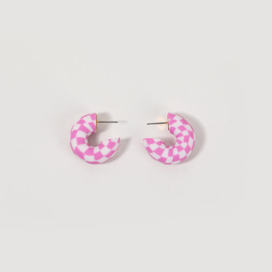 Pink-and-White Checkered Polymer Clay C-shaped Stud Earrings