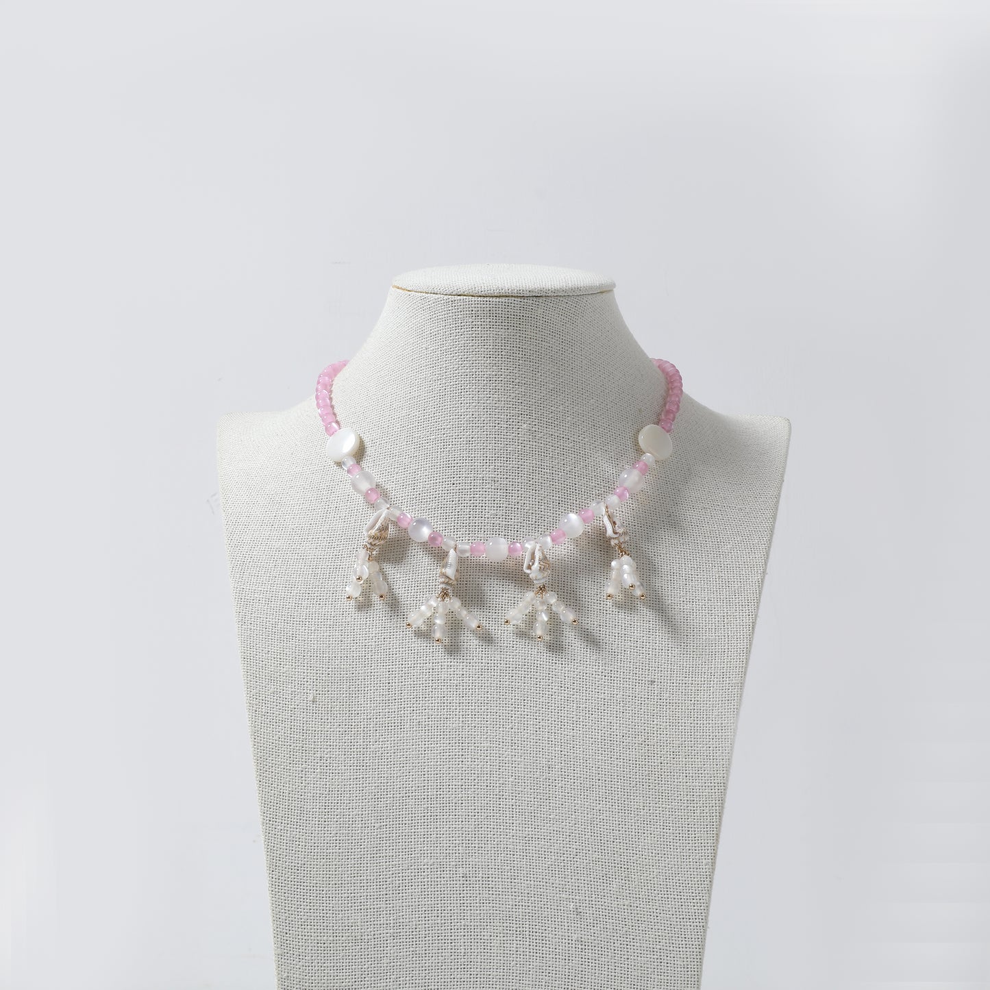 Pink Beaded Necklace with Shell Disc & Tassel Charms