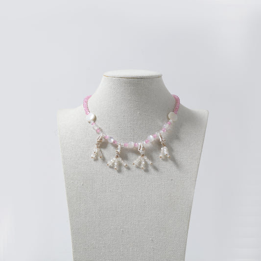 Pink Beaded Necklace with Shell Disc & Tassel Charms
