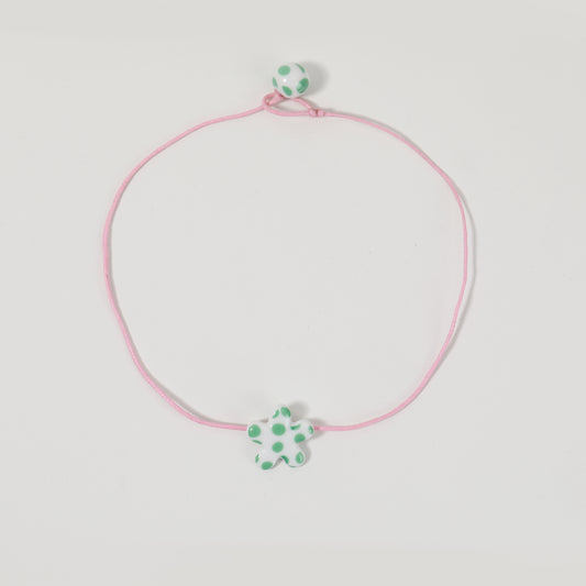 Pink Cord Green-polka-dot Ceramic Flower Necklace