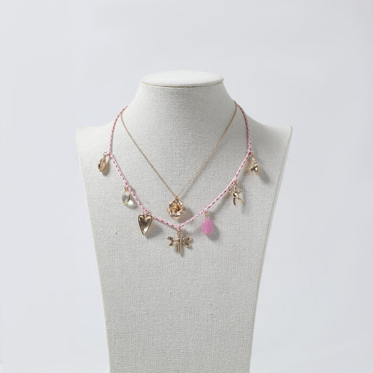 Pink Cord & Gold Multi-Charm Layered Necklace