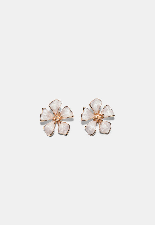 Pink Enamel Flower Stud Earrings with Gold Center