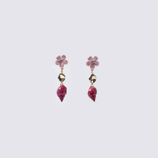 Pink Enamel Flower, Gold Disc & Pink Shell Drop Earrings